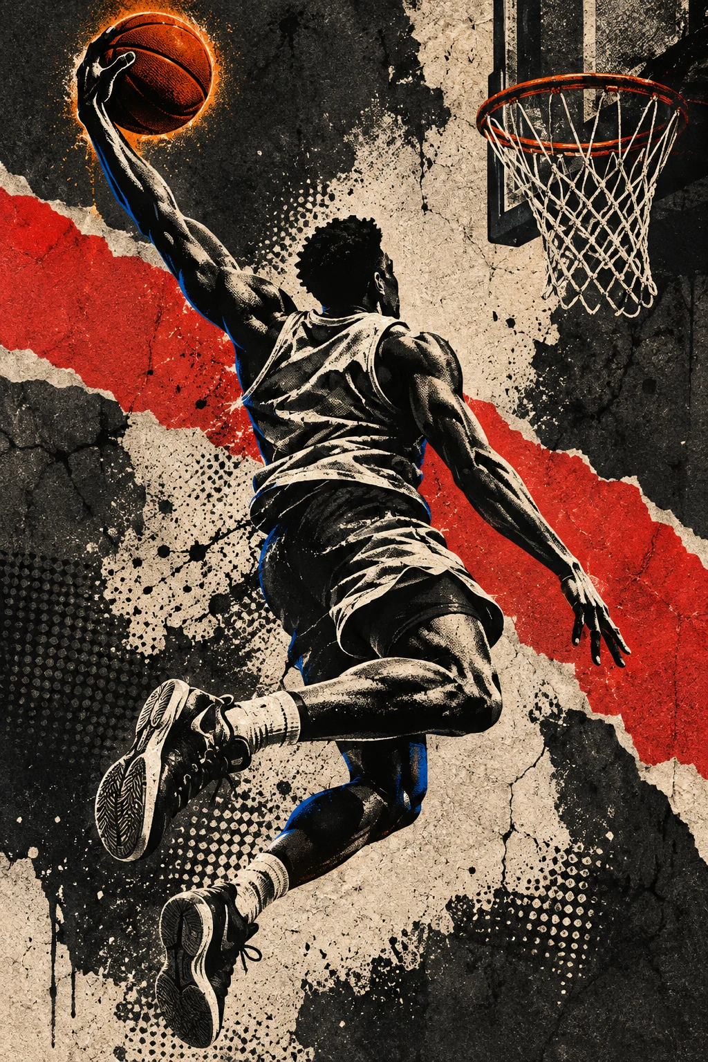 Original basketball dunk stencil in charcoal, ivory and burnt orange