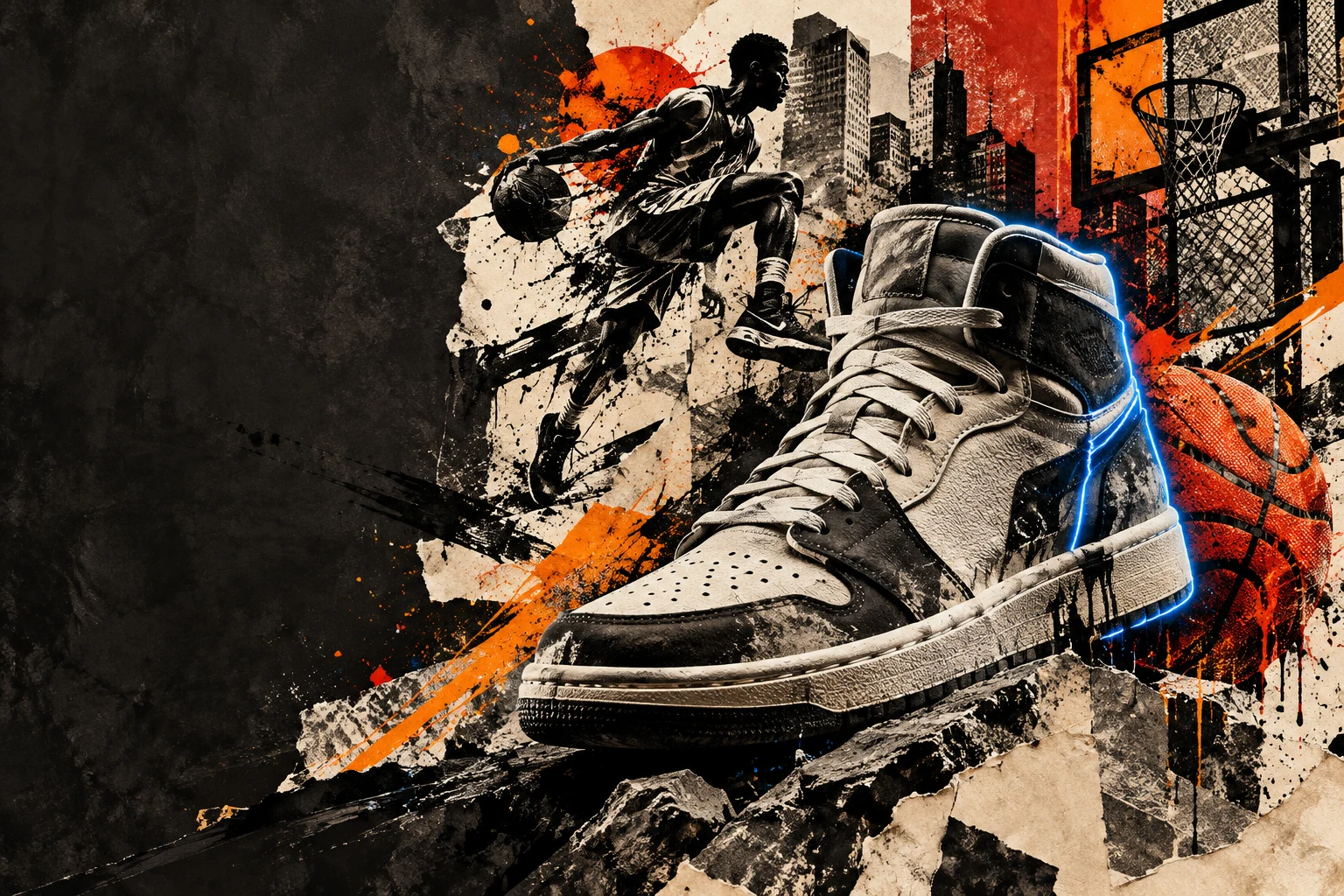 Original street-pop collage of a high-top sneaker, basketball stencil, distressed ink and electric-blue neon contours